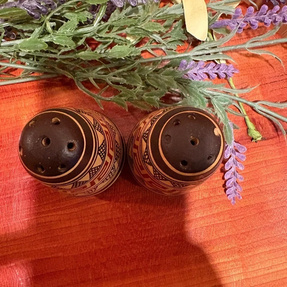 Mexican salt and pepper shakers, vintage hand painted geometric design